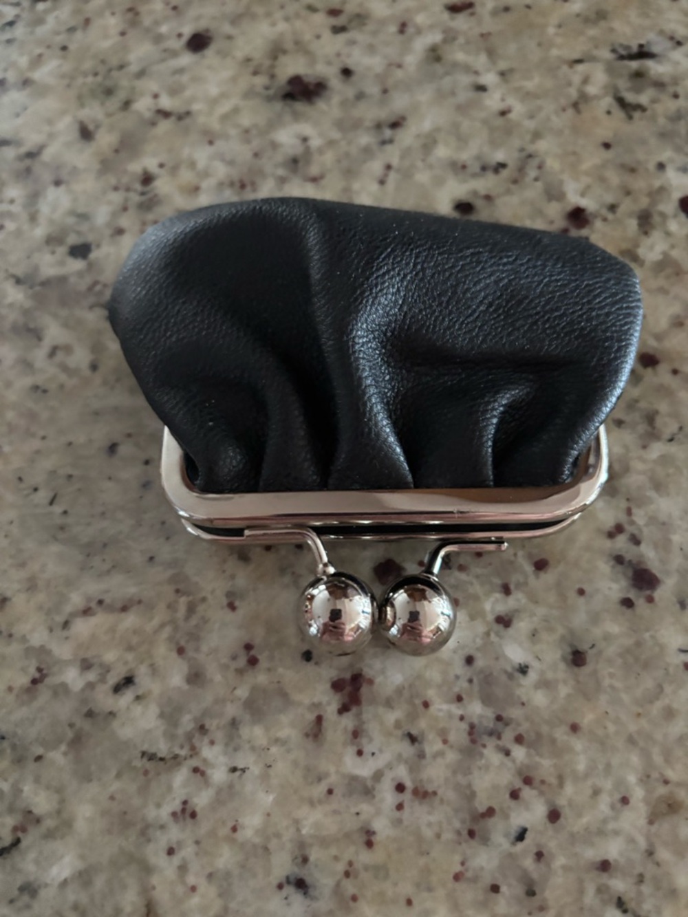 Black Leather Kiss-Lock Coin Purse with Silver Frame